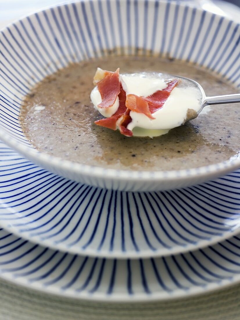 Mushroom cream soup with sour cream and bacon