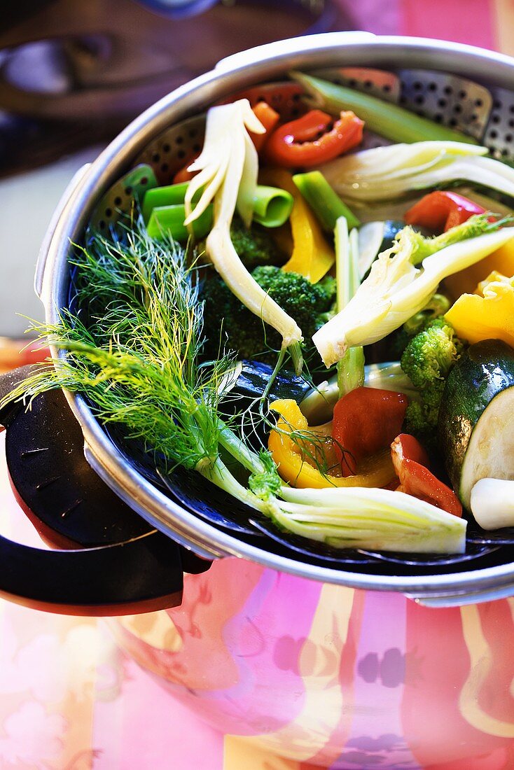 Steamed vegetables in a pan