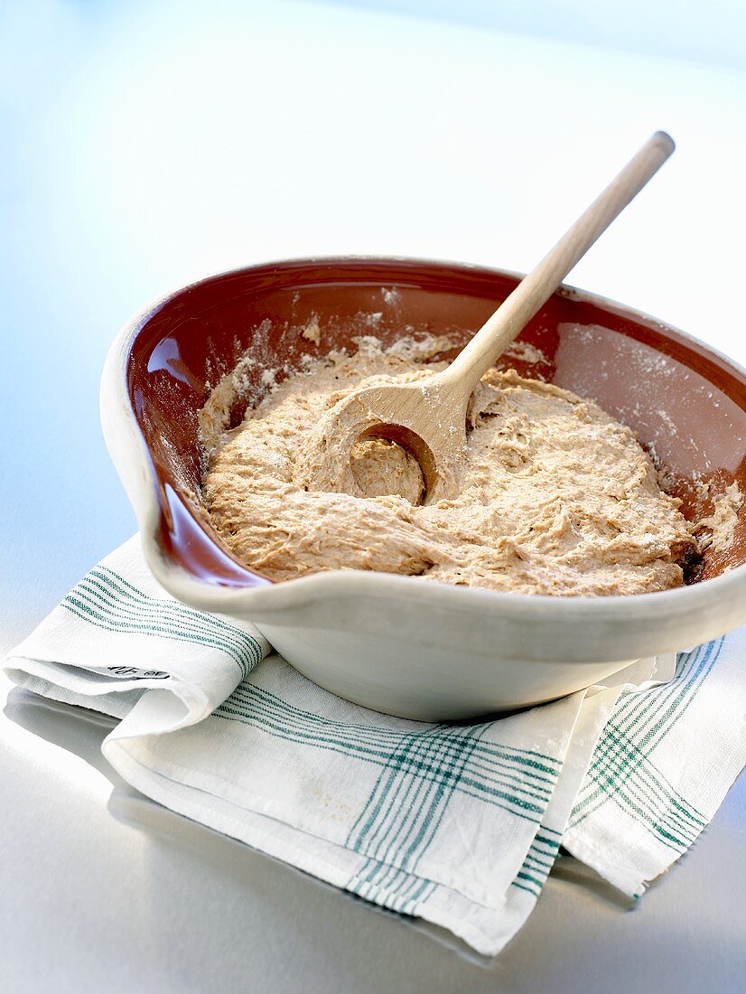 Bread dough (for wholemeal bread) in a bowl