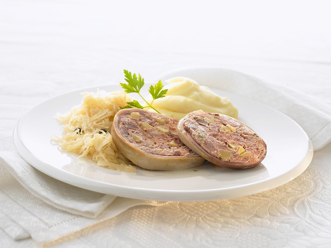 Saumagen (stuffed pig's stomach), sauerkraut & mash (Palatinate)