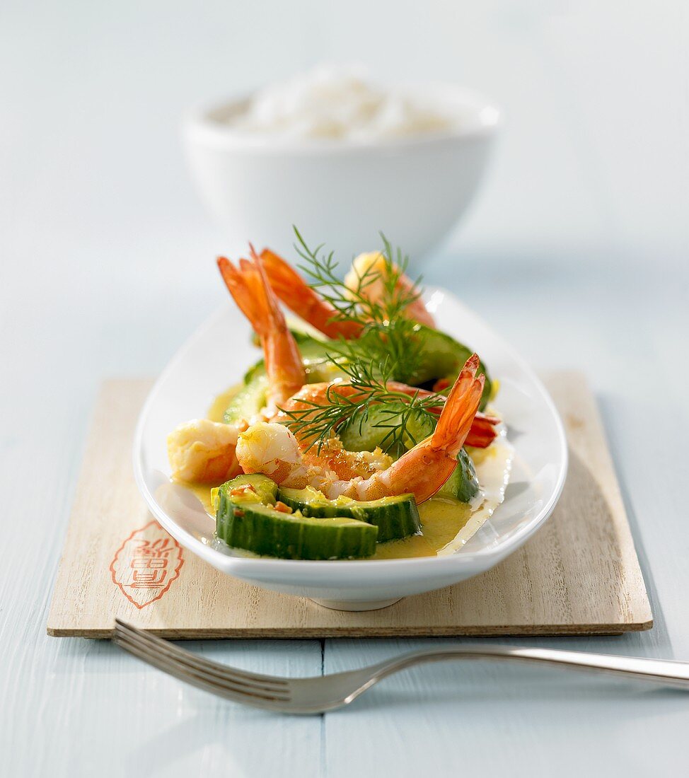 Curried cucumber with king prawns