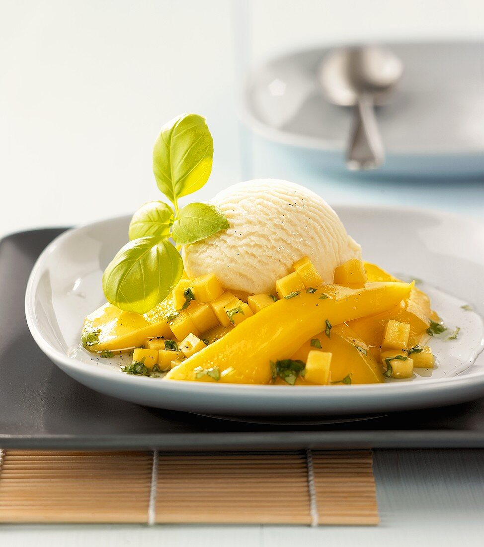 Mango compote with basil and vanilla ice cream