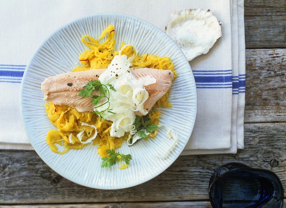 Salmon trout with horseradish on radish & pineapple salad