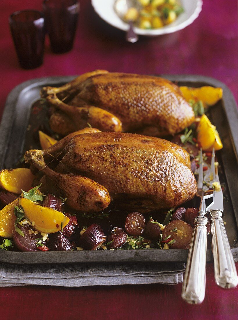 Duck with oranges and red onions in a rosemary and honey sauce