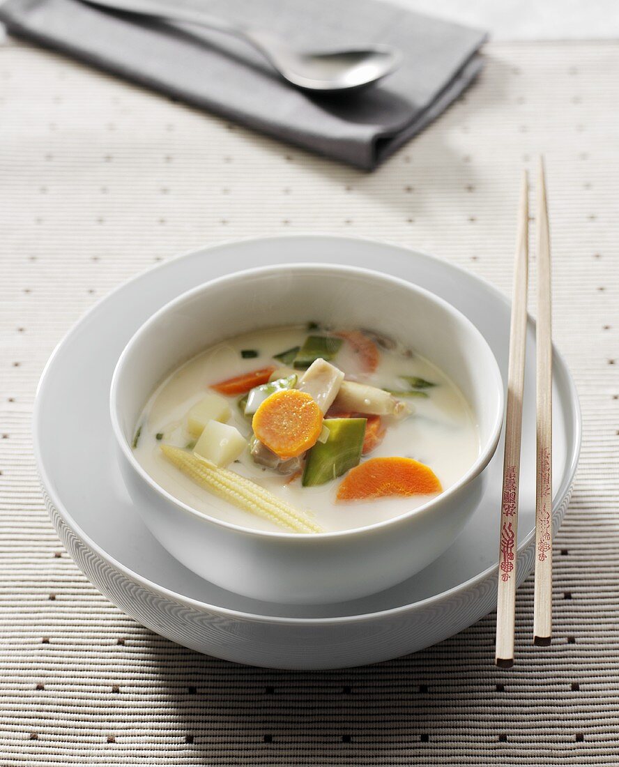 Thai-style coconut soup with vegetables and mushrooms