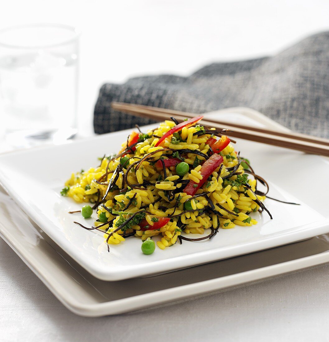Rice and vegetable salad with seaweed