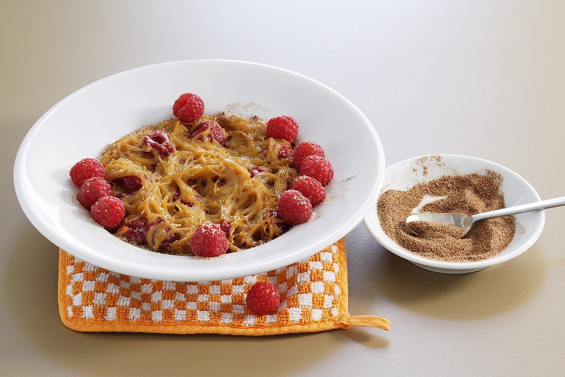 Caramelised noodles with raspberries and cinnamon sugar