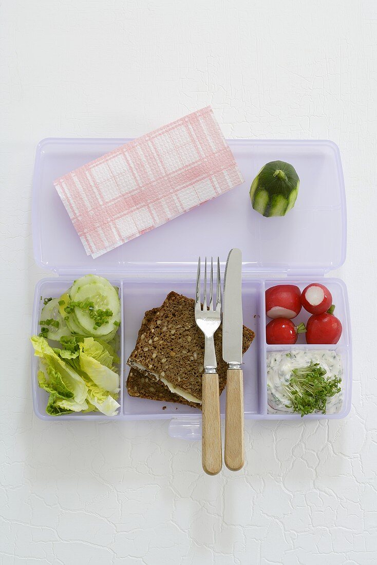 Lunchbox mit Vollkornsandwich, Salat, Radieschen, Frischkäse