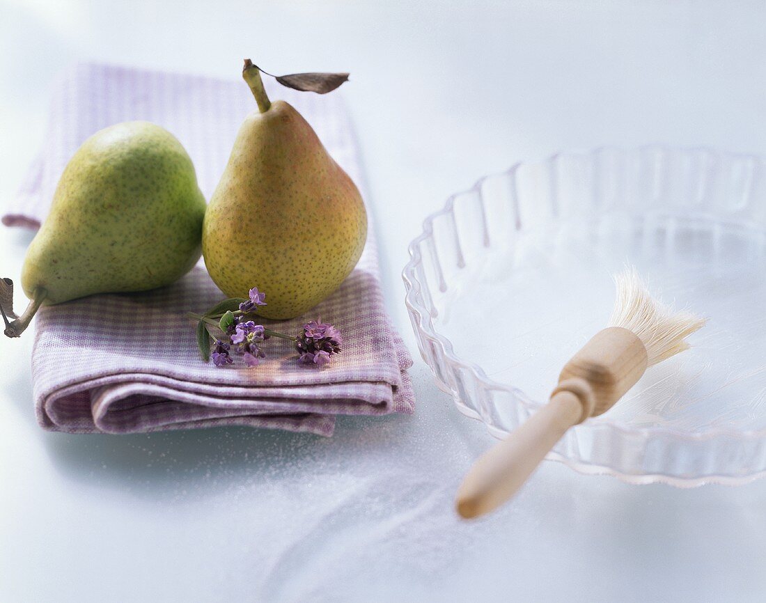 Pears, baking dish, pastry brush