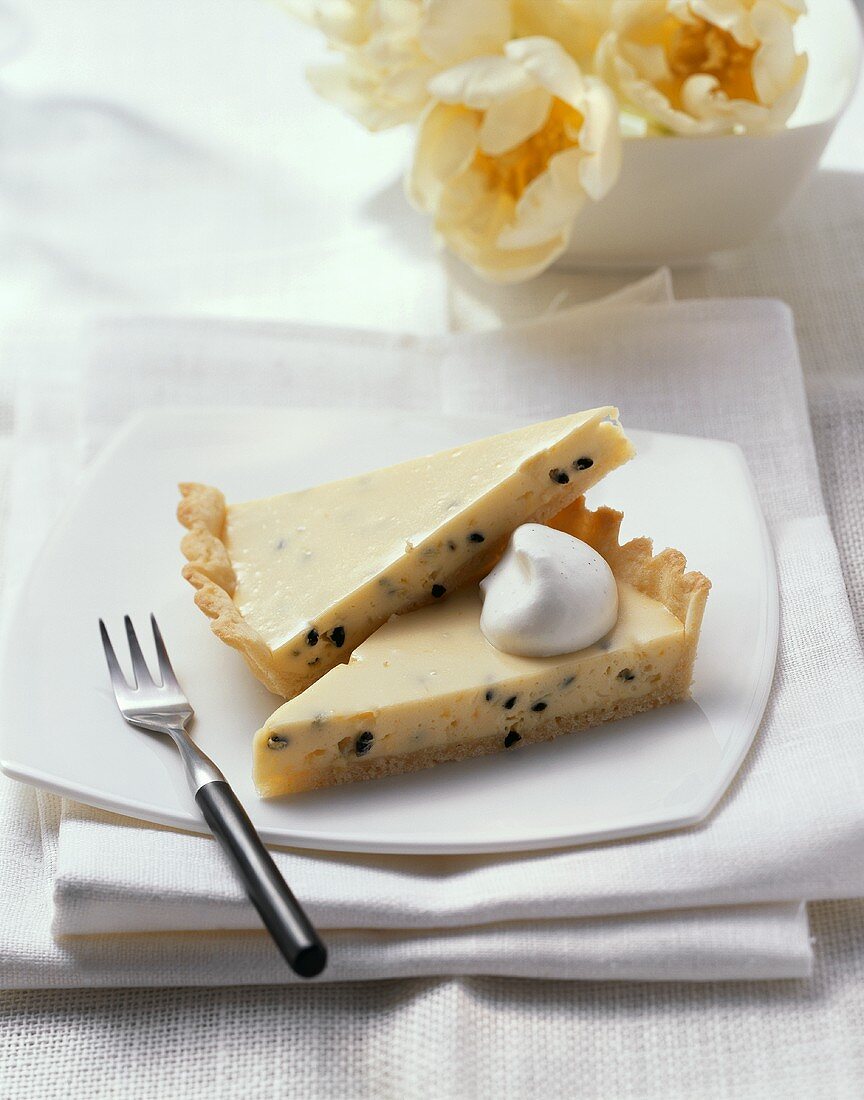 Passion fruit cream cheese tart with vanilla cream