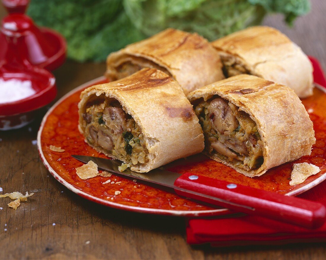 Savoury spelt strudel with savoy cabbage & chestnut filling