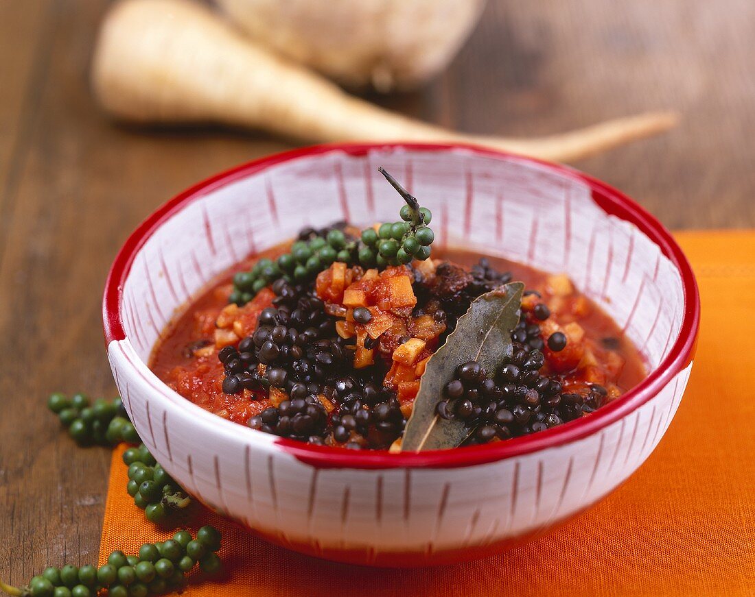 Lentil & root vegetable ragout with currants & green peppercorns