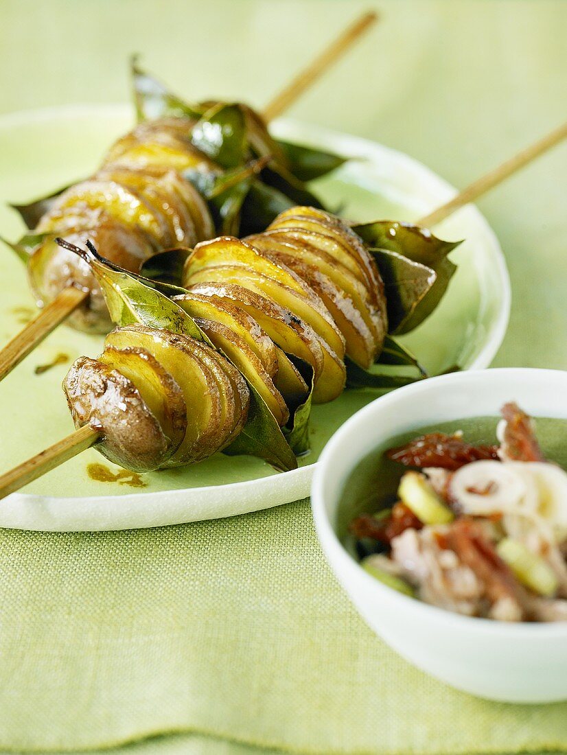 Potato skewers with bay leaves