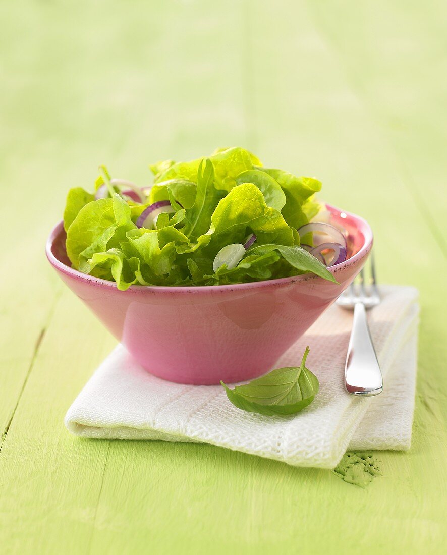 Ein Schälchen gemischter grüner Salat mit Zwiebeln