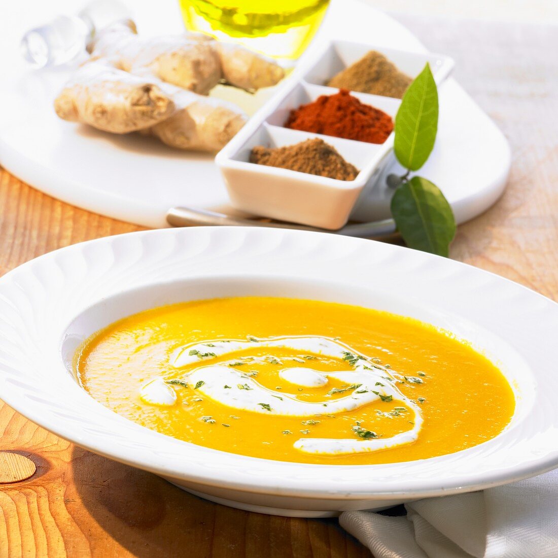 Middle Eastern cream of carrot soup with ginger & crème fraîche