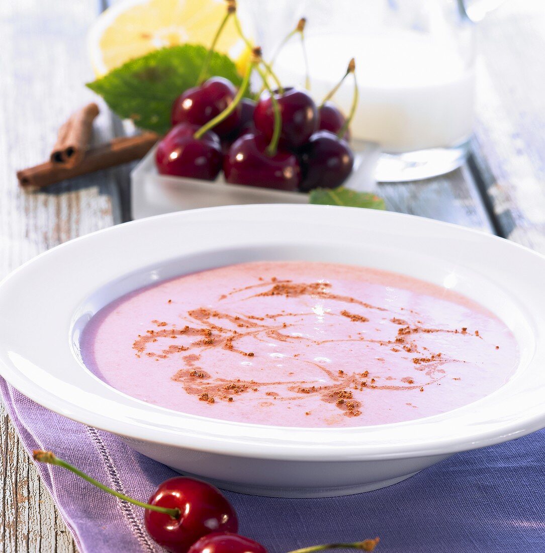 Summery cherry soup with cinnamon and lemon