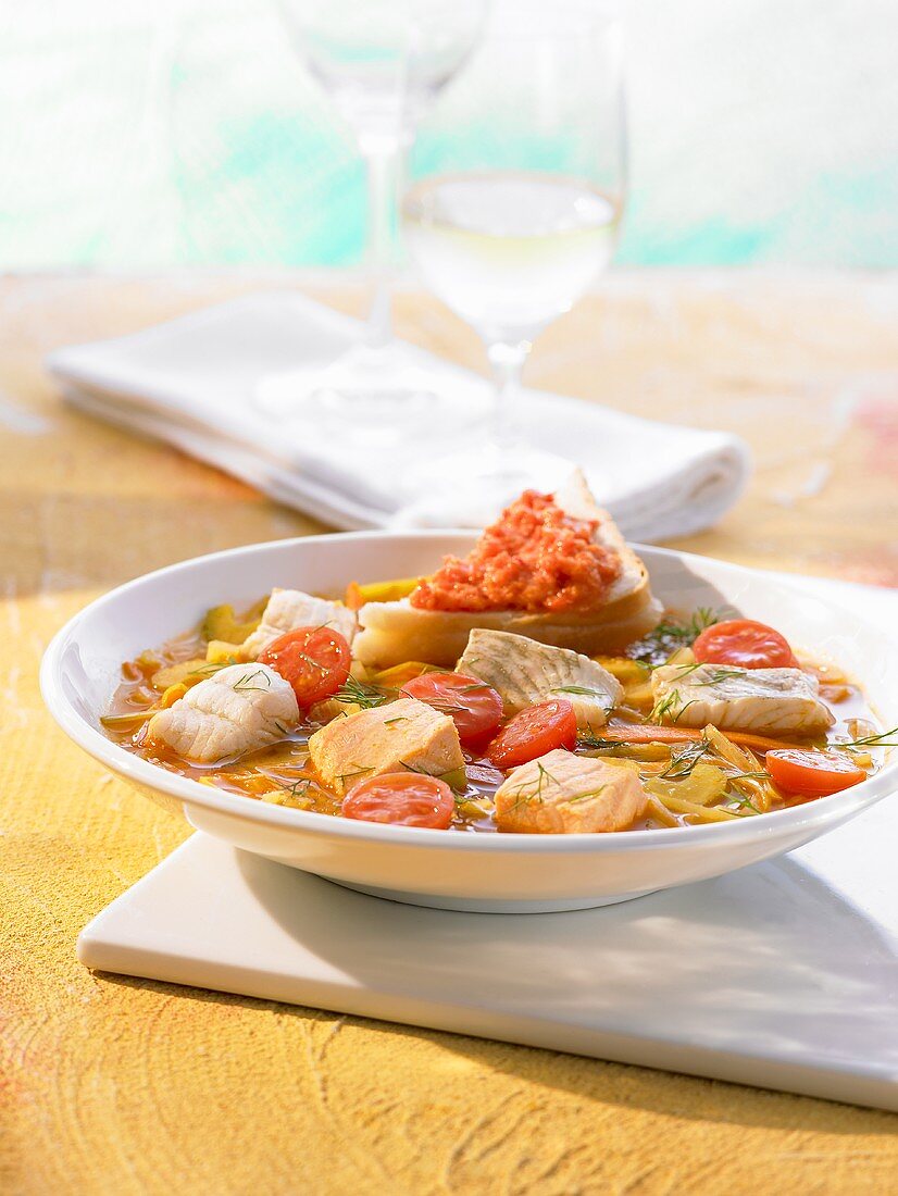 Mediterrane Fischsuppe mit Safran, Tomaten und Rouille
