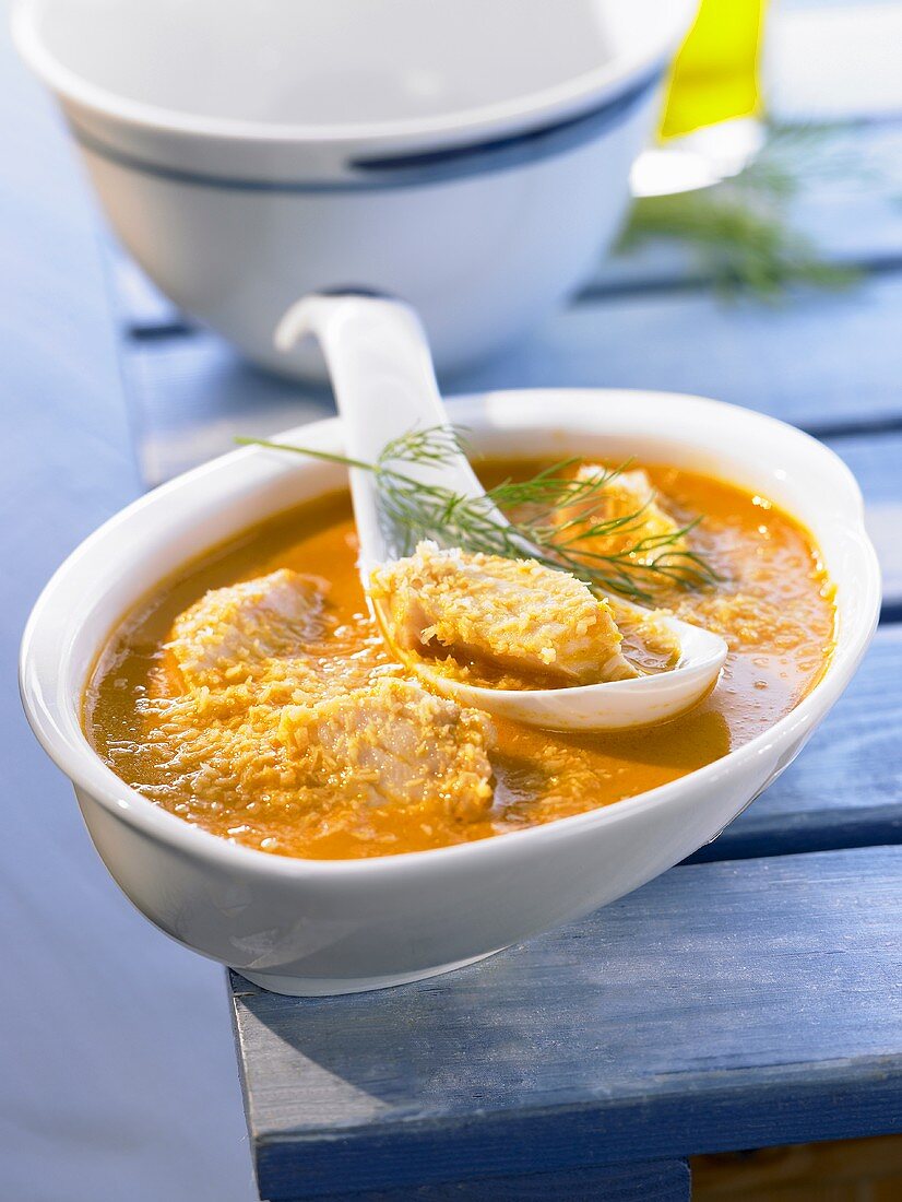 A bowl of coconut vegetable soup with coley