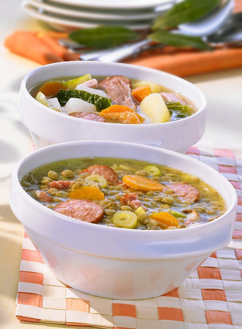Lentil & bacon stew & vegetable stew with smoked, cured pork