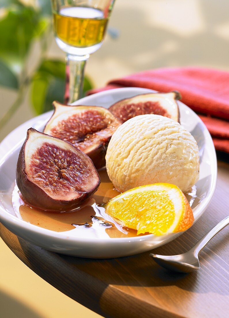 Figs in honey, wine & orange syrup with vanilla ice cream