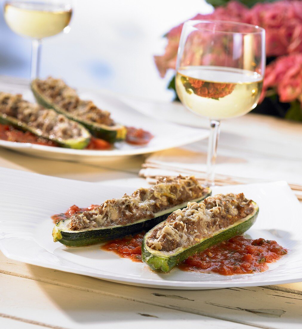 Stuffed courgettes with tomato sauce & a glass of white wine