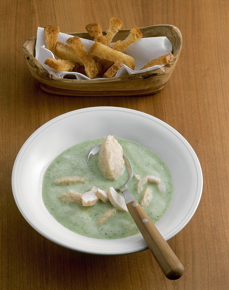 Ramsons (wild garlic) soup with trout fillets
