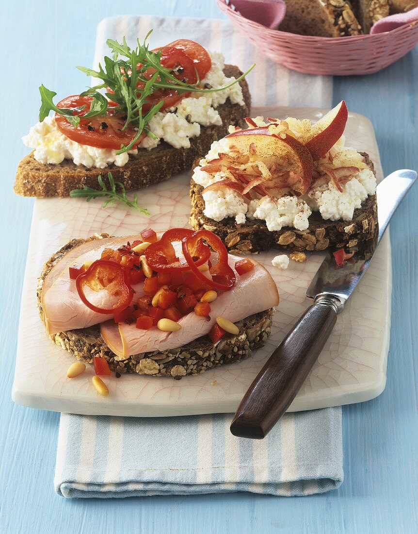 Cottage cheese open sandwiches & turkey breast on seed bread