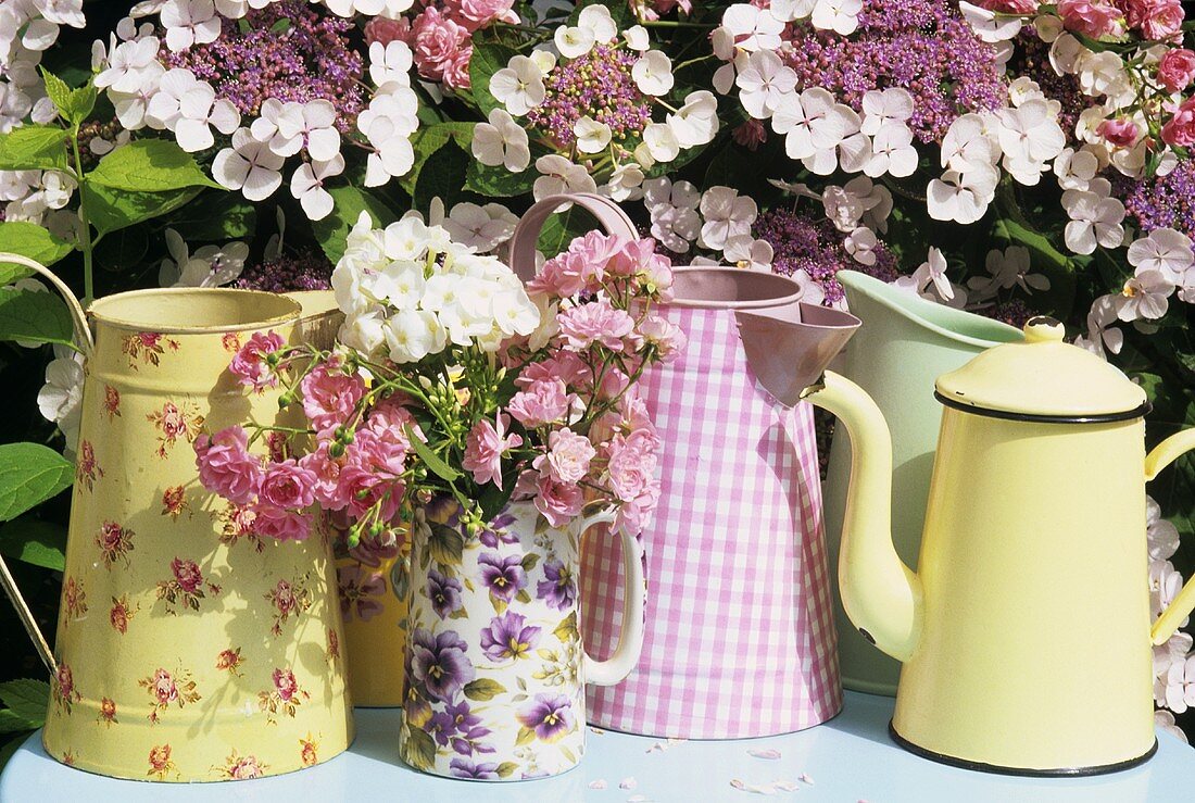 Jugs and pots in front of flowering shrub out of doors