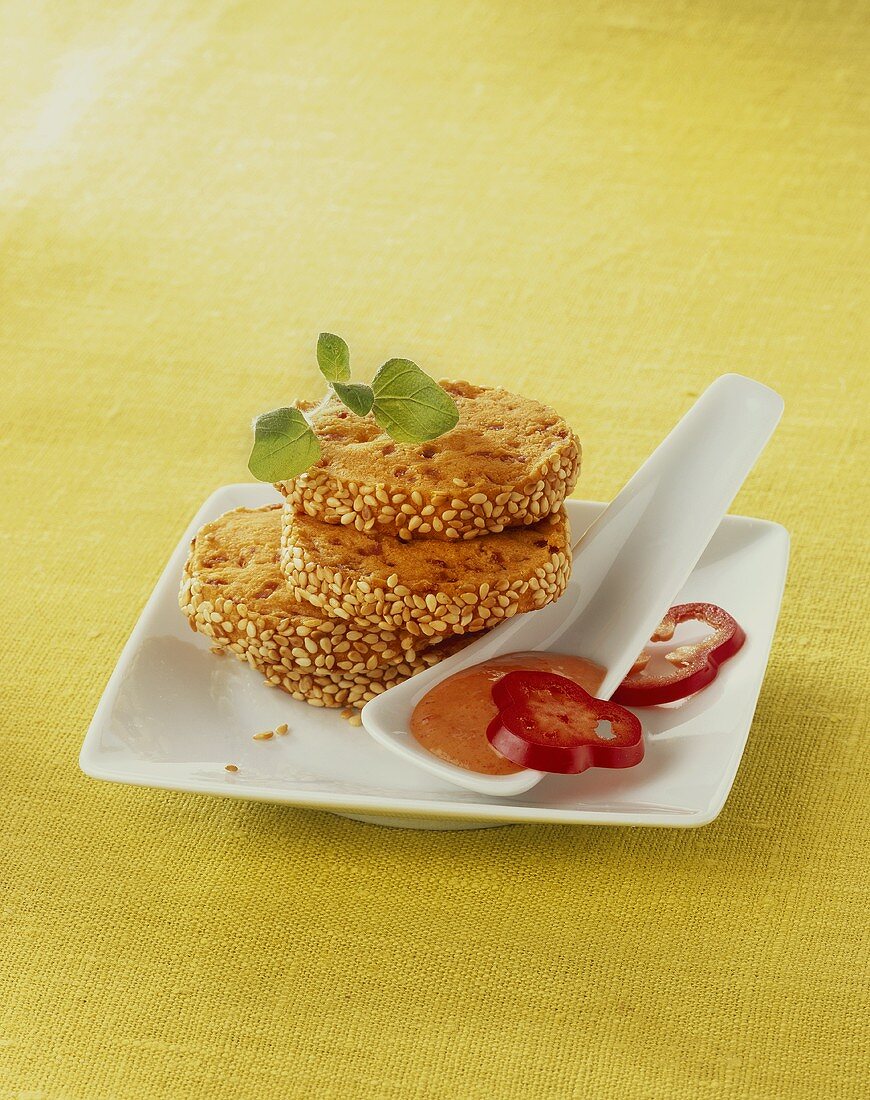 Heidesand cookies with ham, sesame seeds & red pepper dip