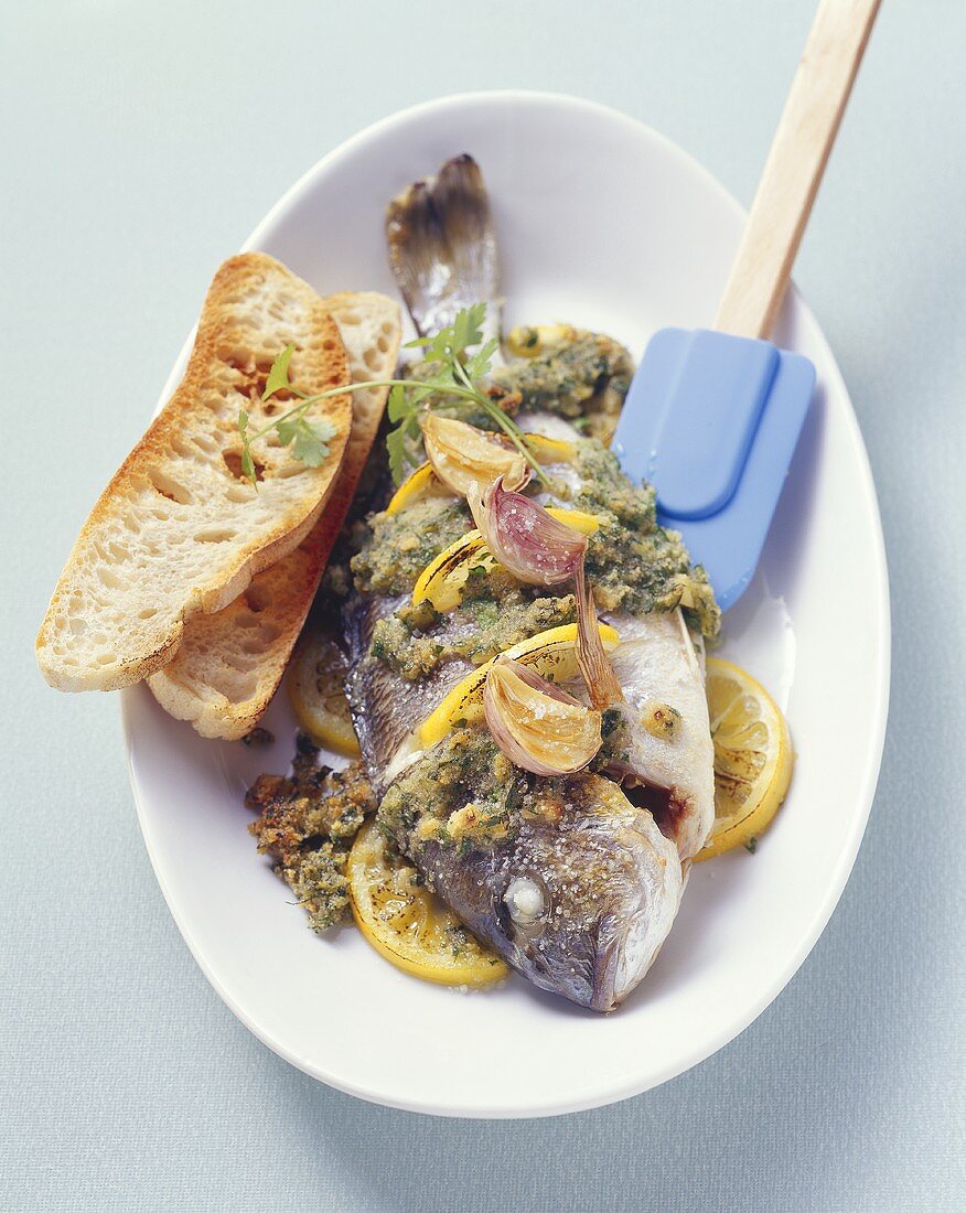 Oven-baked sea bream with lemon and herb breadcrumbs