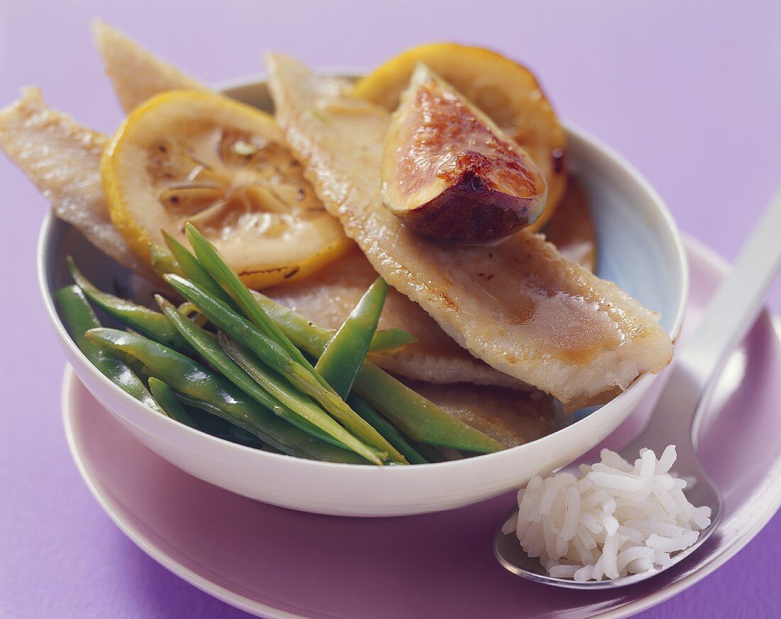 Fried sole with figs, lemon and sugar snap peas