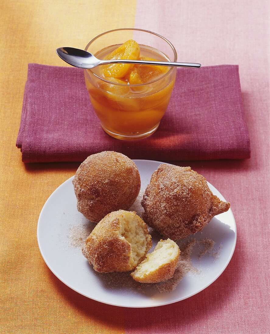 Deep-fried quark balls with apricot compote