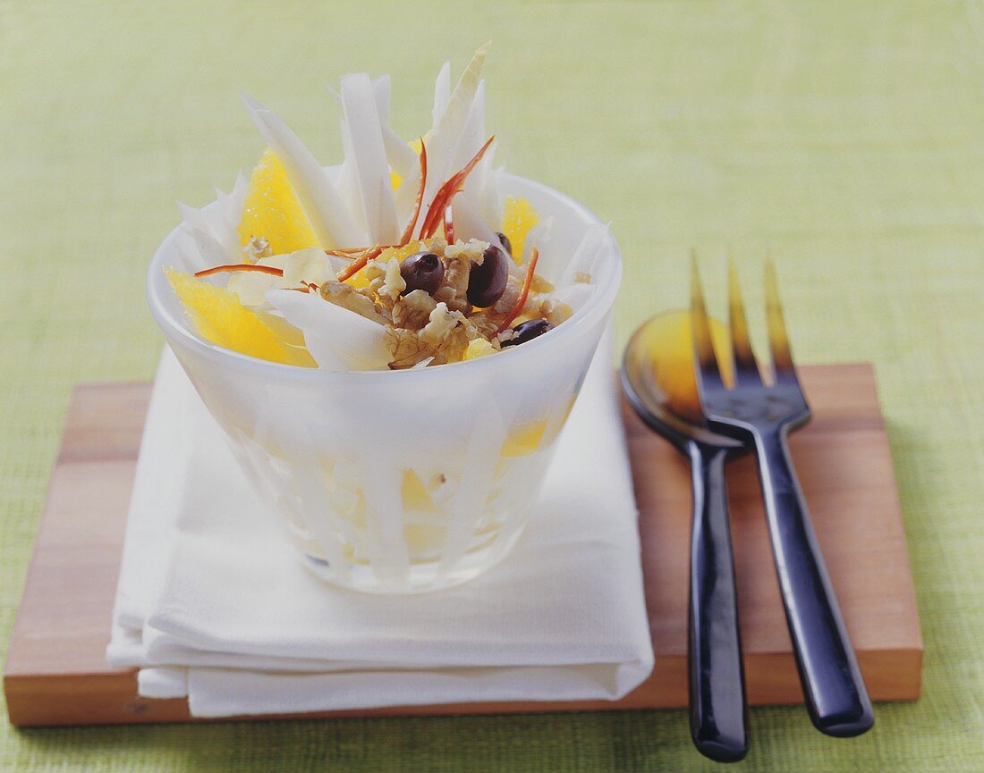 Chicory and orange salad with walnuts and olives