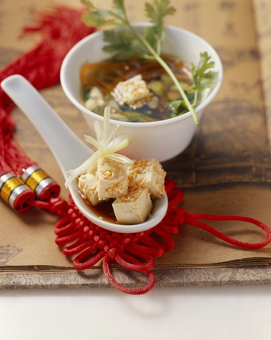 Chinesische Suppe mit Tofu und Gemüse