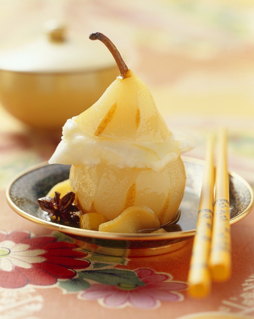 Pear in tea syrup with lemon ice cream