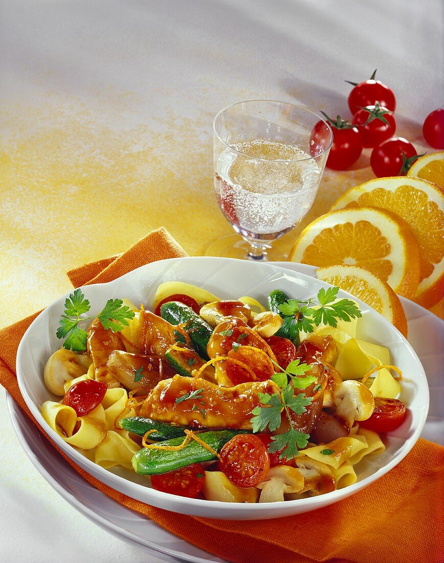 Honey chicken with mixed vegetables and ribbon pasta