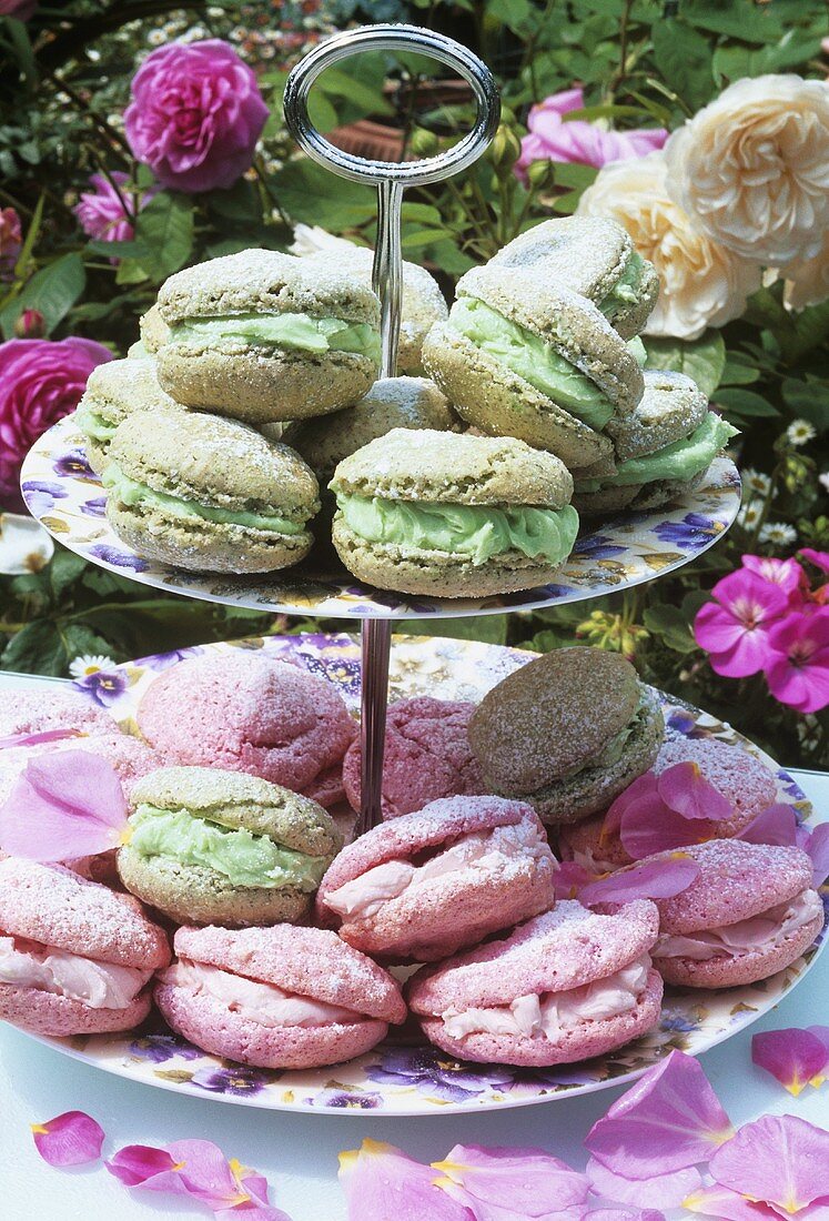 Macarons on a tiered stand out of doors
