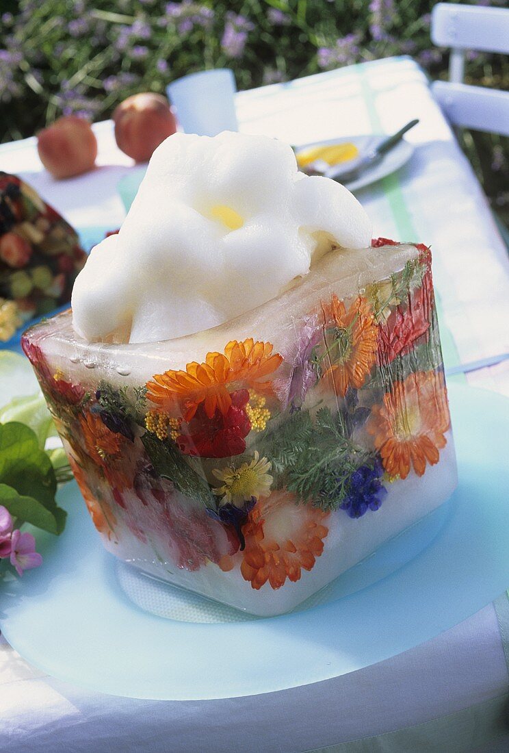 Lemon sorbet in a frozen flower bowl
