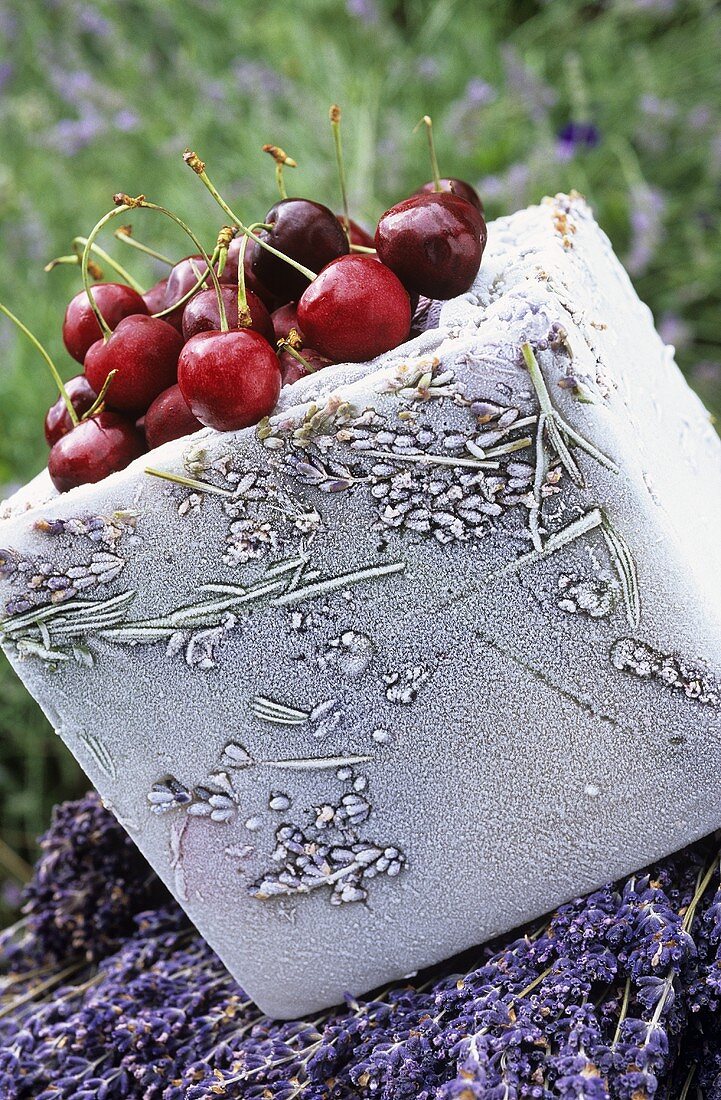 Fresh cherries on block of ice with lavender