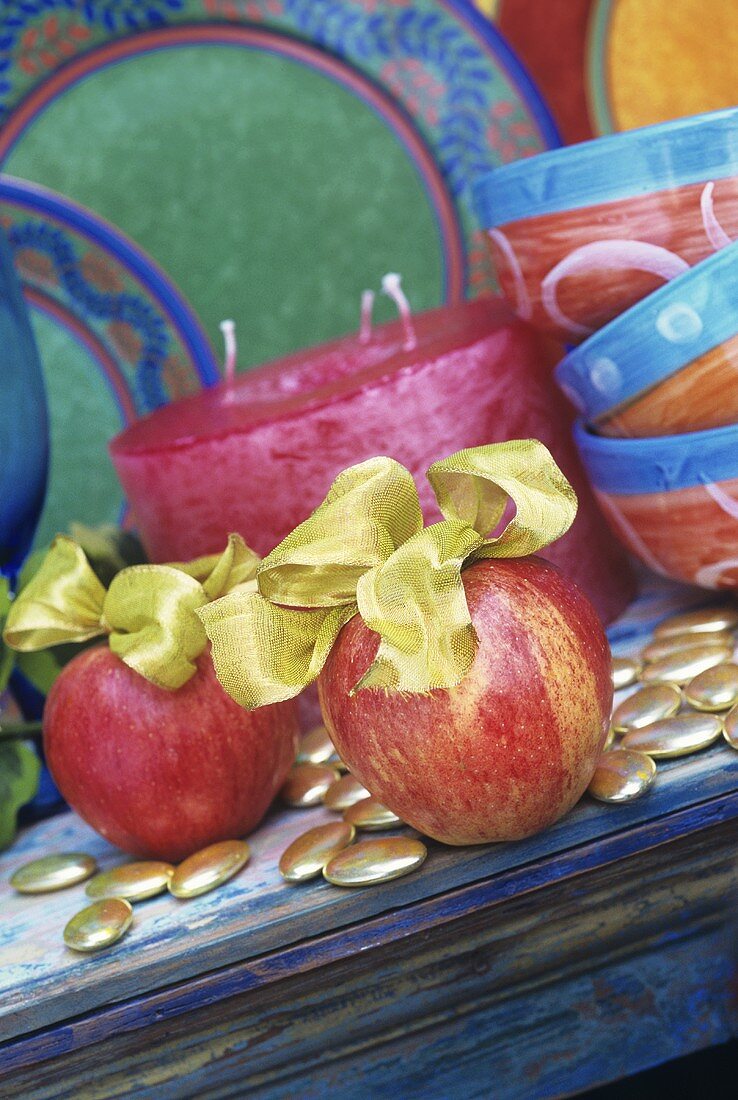 Apples with gold bows for Christmas