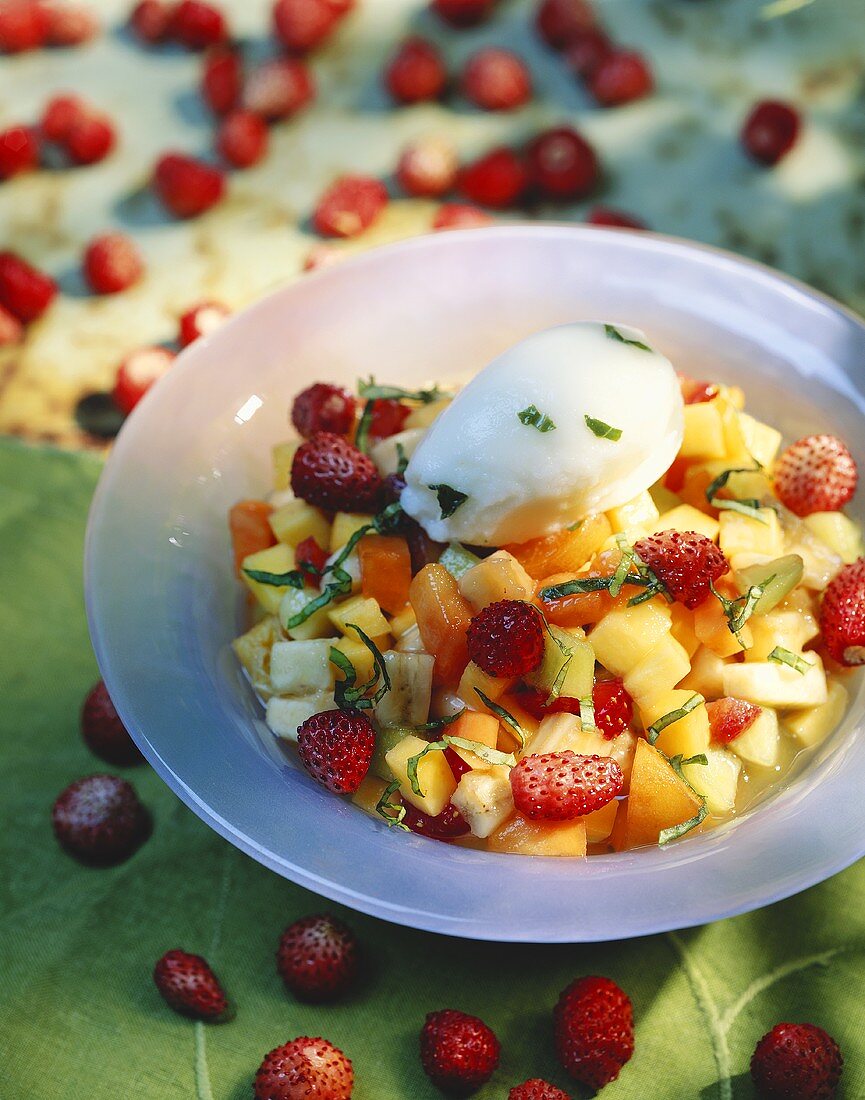 Obstsalat mit Limettensorbet und Basilikum