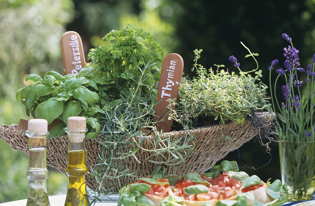 Bruschetta and a basket of herbs out of doors