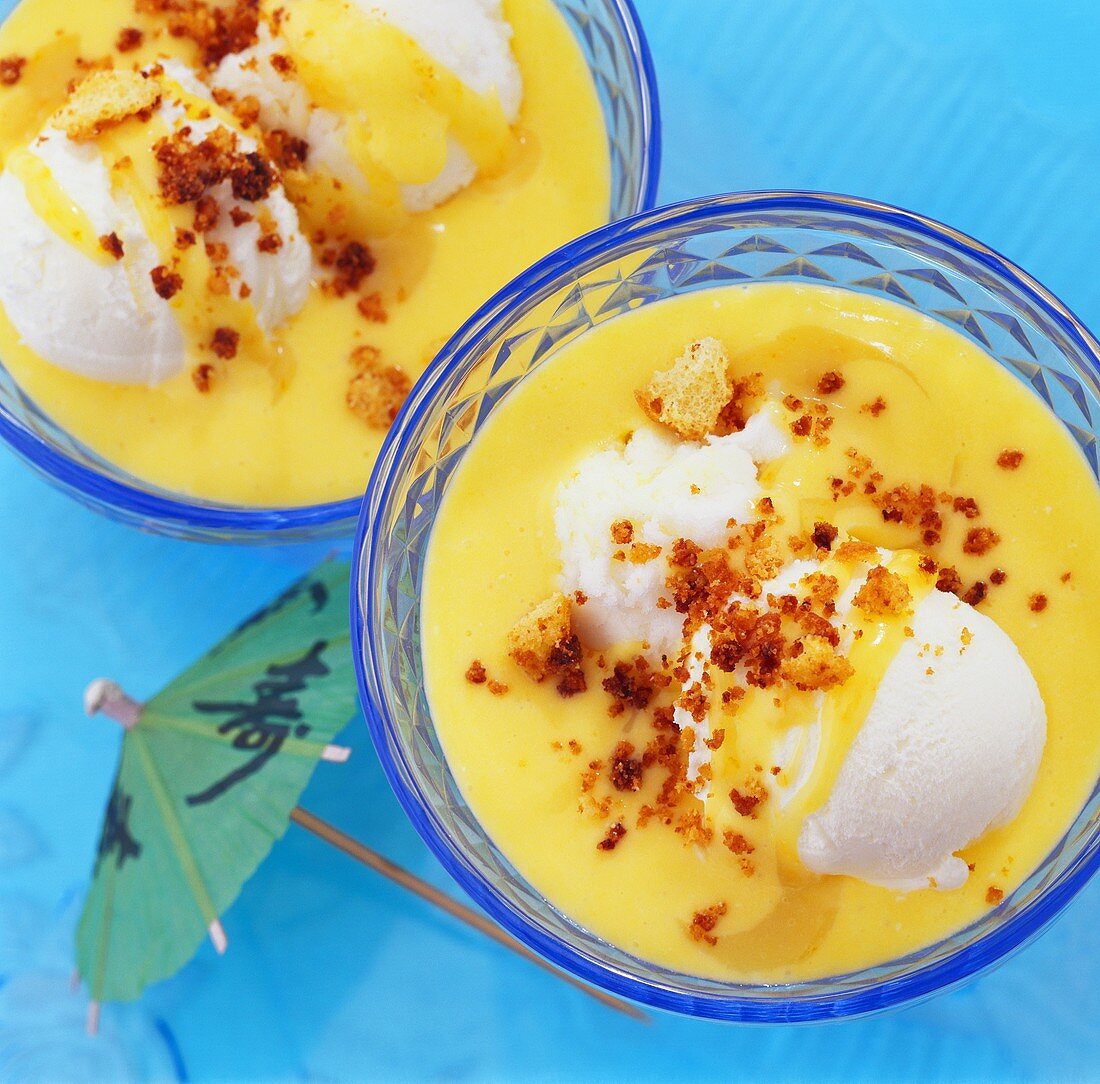 Mango and coconut ice cream sundae
