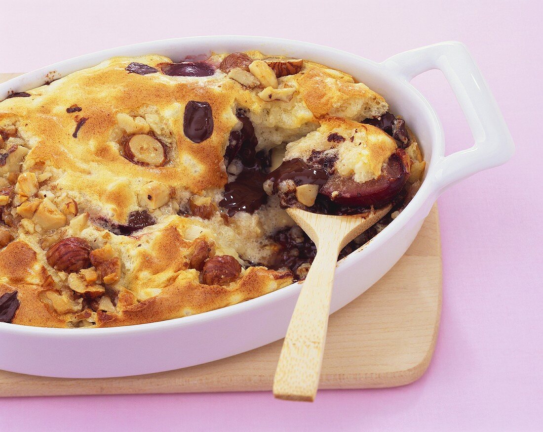 Baked rice dessert with fruit and chocolate