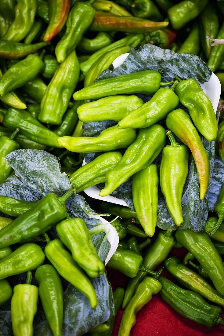 Green chilli peppers at a market