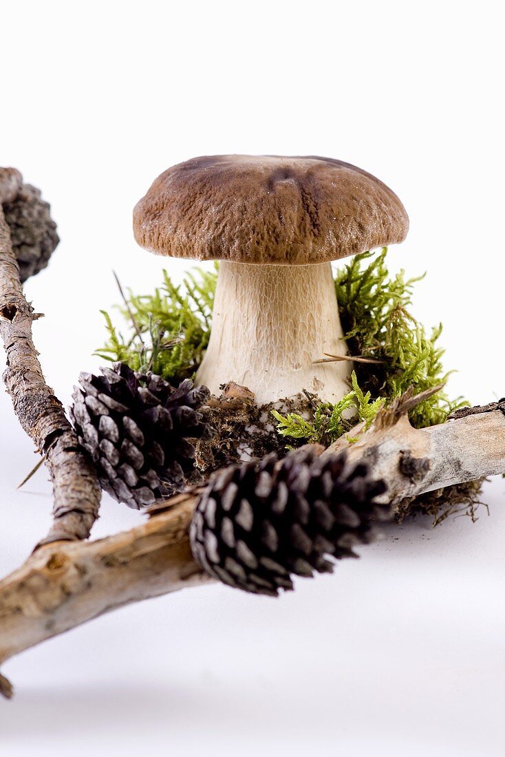 A porcini mushroom with moss and a pine branch