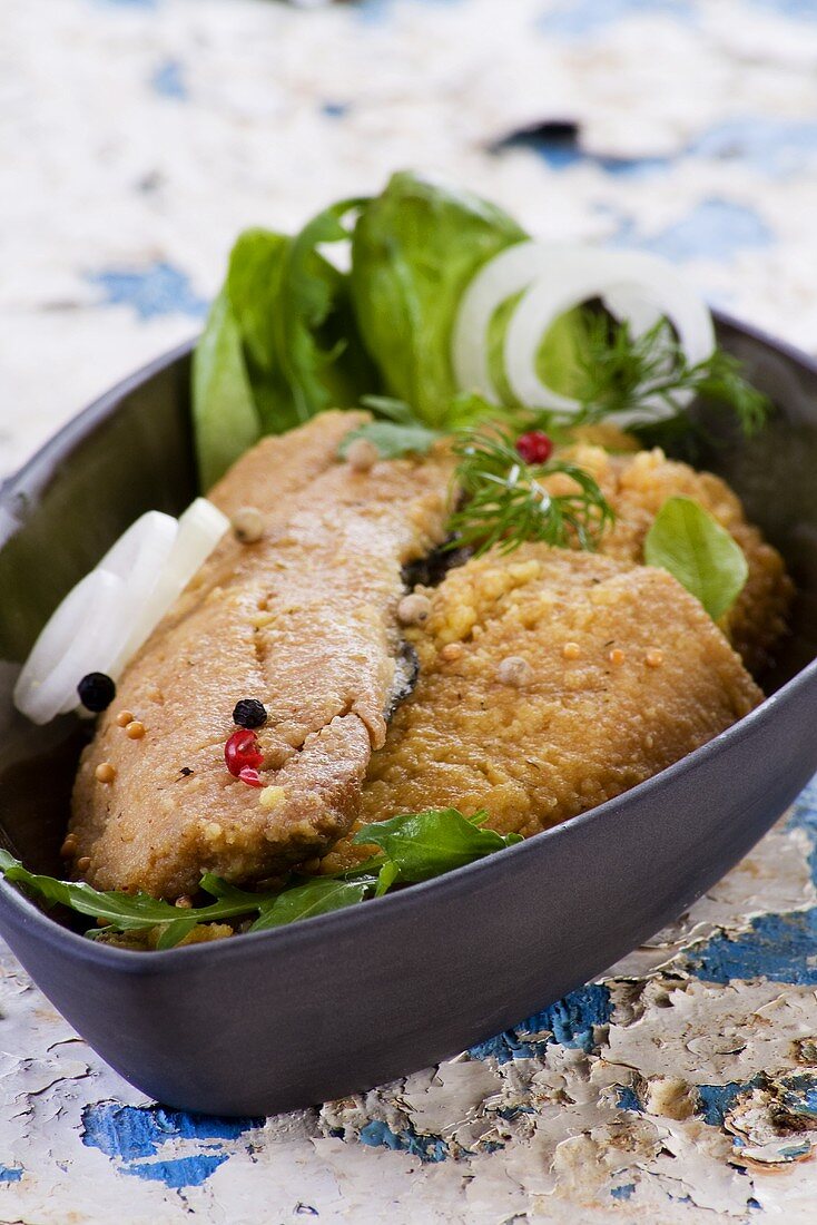 Marinated, breaded herring