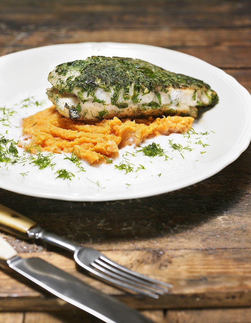 Wels catfish fillet on a bed of sweet mashed potatoes