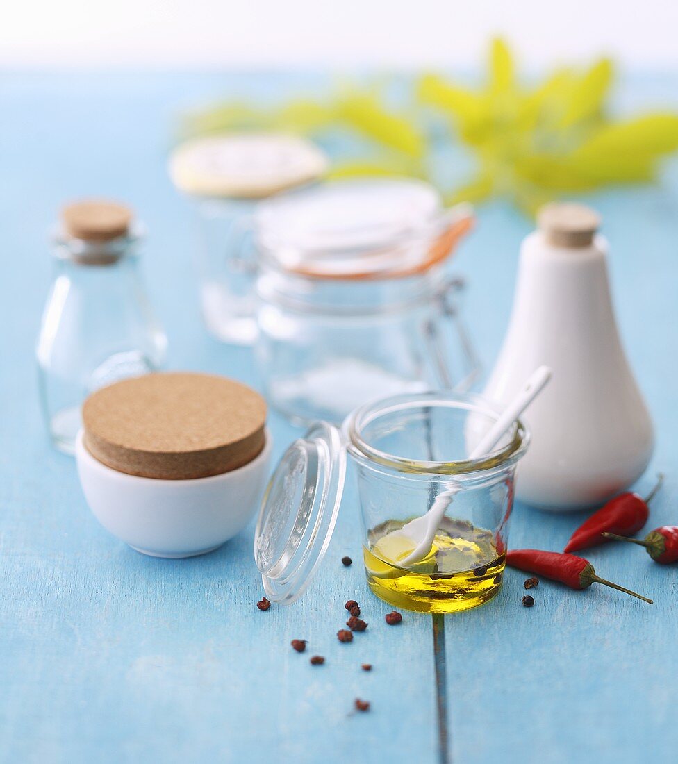 Olive oil, spices, preserving jars and ceramic containers