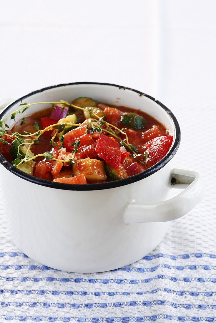 A pot of tomato and courgette soup